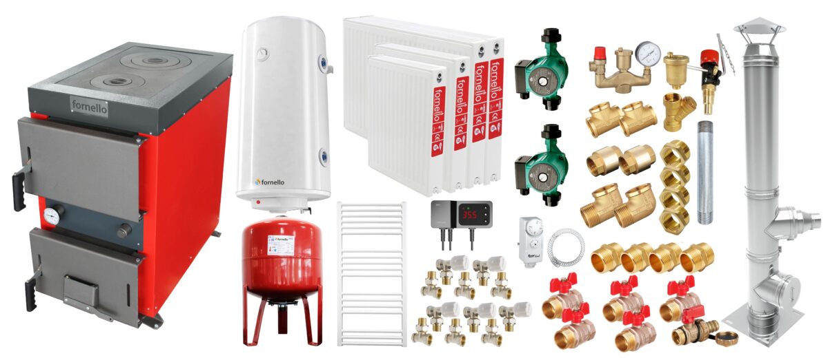 Pachet Cazan (centrala) cu plita pe combustibil solid (lemn, carbune, brichete), Fornello Rustic KP 20 kW, Cos inox, Calorifere otel, Pompe, Boiler, Vas expansiune, Fitinguri montaj 1 Pachet Cazan (centrala) cu plita pe combustibil solid (lemn, carbune, brichete), Fornello Rustic KP 20 kW, Cos inox, Calorifere otel, Pompe, Boiler, Vas expansiune, Fitinguri montaj