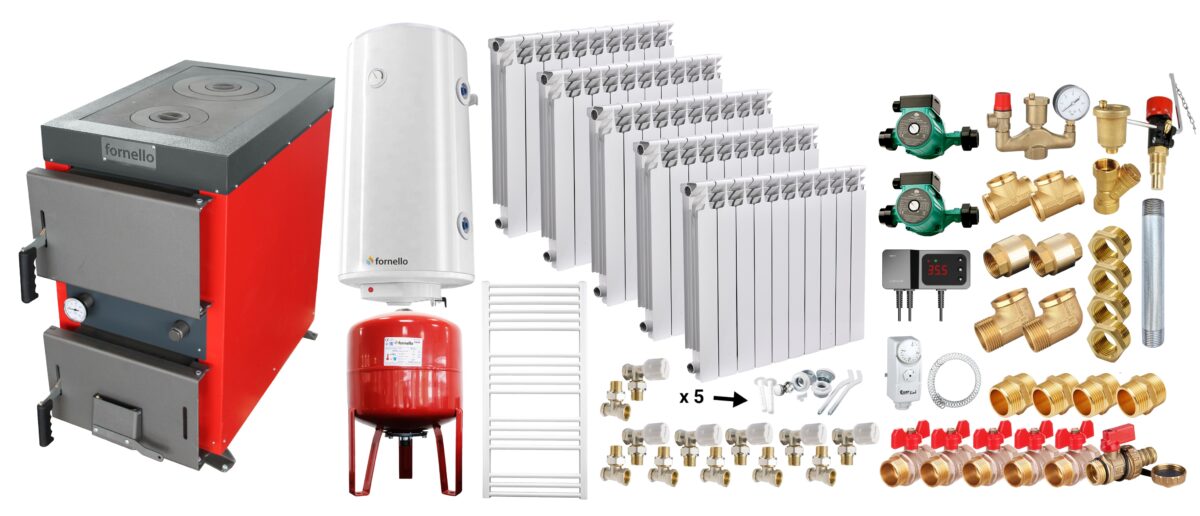 Pachet Cazan (centrala) cu plita pe combustibil solid (lemn, carbune, brichete), Fornello Rustic KP 20 kW, Calorifere aluminiu, Pompe, Boiler, Vas expansiune, Fitinguri montaj 1 Pachet Cazan (centrala) cu plita pe combustibil solid (lemn, carbune, brichete), Fornello Rustic KP 20 kW, Calorifere aluminiu, Pompe, Boiler, Vas expansiune, Fitinguri montaj