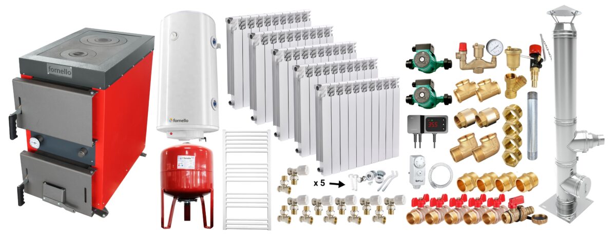 Pachet Cazan (centrala) cu plita pe combustibil solid (lemn, carbune, brichete), Fornello Rustic KP 20 kW, Cos inox, Calorifere aluminiu, Pompe, Boiler, Vas expansiune, Fitinguri montaj 1 Pachet Cazan (centrala) cu plita pe combustibil solid (lemn, carbune, brichete), Fornello Rustic KP 20 kW, Cos inox, Calorifere aluminiu, Pompe, Boiler, Vas expansiune, Fitinguri montaj