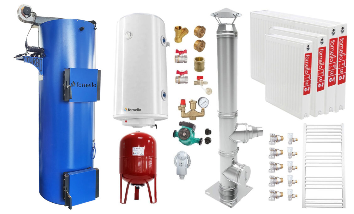 Pachet Cazan (centrala) pe ccombustibil solid tip lumanare Fornello Turbo 50 kW, Cos Inox, Radiatoare Otel, Boiler, Vas Expansiune, Pompa, Fitinguri Montaj 1 Pachet Cazan (centrala) pe ccombustibil solid tip lumanare Fornello Turbo 50 kW, Cos Inox, Radiatoare Otel, Boiler, Vas Expansiune, Pompa, Fitinguri Montaj