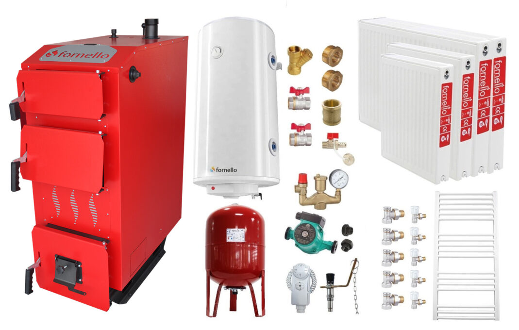 Pachet Cazan (centrala) pe combustibil solid, (lemn, carbune), Fornello Praktik 25 kW, Radiatoare Otel, Boiler, Vas Expansiune, Pompa, Fitinguri Montaj 1 Pachet Cazan (centrala) pe combustibil solid, (lemn, carbune), Fornello Praktik 25 kW, Radiatoare Otel, Boiler, Vas Expansiune, Pompa, Fitinguri Montaj