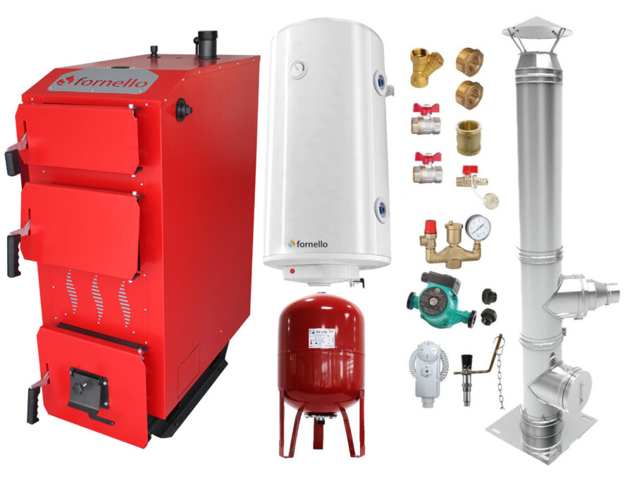 Pachet Cazan (centrala) pe combustibil solid, (lemn, carbune), Fornello Praktik 25 kW, Cos Inox, Boiler, Vas Expansiune, Pompa, Fitinguri Montaj 1 Pachet Cazan (centrala) pe combustibil solid, (lemn, carbune), Fornello Praktik 25 kW, Cos Inox, Boiler, Vas Expansiune, Pompa, Fitinguri Montaj