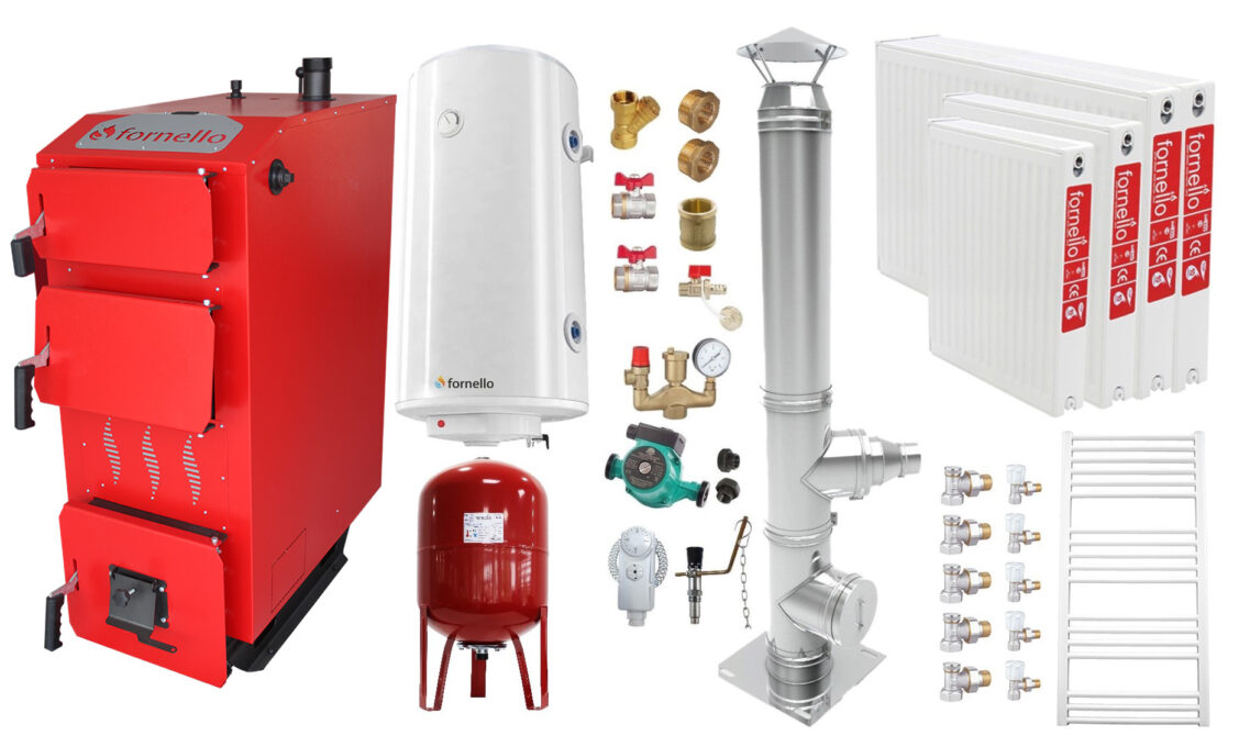 Pachet Cazan (centrala) pe combustibil solid, (lemn, carbune), Fornello Praktik 30 kW, Cos Inox, Radiatoare Otel, Boiler, Vas Expansiune, Pompa, Fitinguri Montaj 1 Pachet Cazan (centrala) pe combustibil solid, (lemn, carbune), Fornello Praktik 30 kW, Cos Inox, Radiatoare Otel, Boiler, Vas Expansiune, Pompa, Fitinguri Montaj