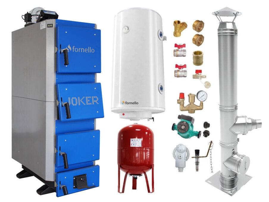 Pachet Cazan (centrala) pe combustibil solid, (lemn, carbune), Fornello Joker 42 kW, Cos Inox, Boiler, Vas Expansiune, Pompa, Fitinguri Montaj 1 Pachet Cazan (centrala) pe combustibil solid, (lemn, carbune), Fornello Joker 42 kW, Cos Inox, Boiler, Vas Expansiune, Pompa, Fitinguri Montaj