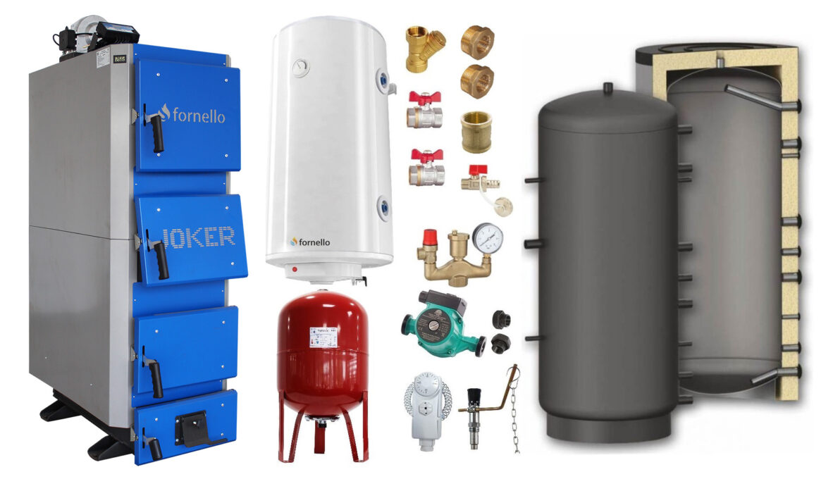 Pachet Cazan (centrala) pe combustibil solid, (lemn, carbune), Fornello Joker 55 kW, Puffer 800 litri, Boiler, Vas Expansiune, Pompa, Fitinguri Montaj 1 Pachet Cazan (centrala) pe combustibil solid, (lemn, carbune), Fornello Joker 55 kW, Puffer 800 litri, Boiler, Vas Expansiune, Pompa, Fitinguri Montaj