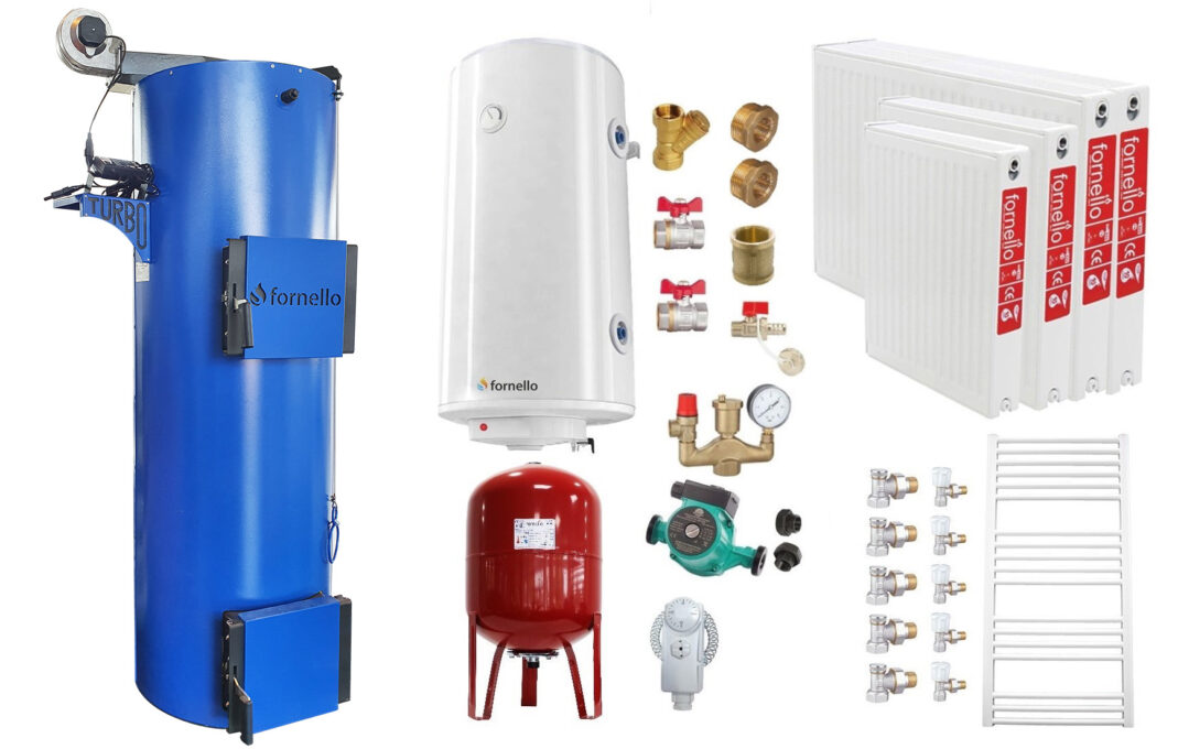 Pachet Cazan (centrala) pe combustibil solid tip lumanare Fornello Turbo 35 kW, Radiatoare Otel, Boiler, Vas Expansiune, Pompa, Fitinguri Montaj 1 Pachet Cazan (centrala) pe combustibil solid tip lumanare Fornello Turbo 35 kW, Radiatoare Otel, Boiler, Vas Expansiune, Pompa, Fitinguri Montaj