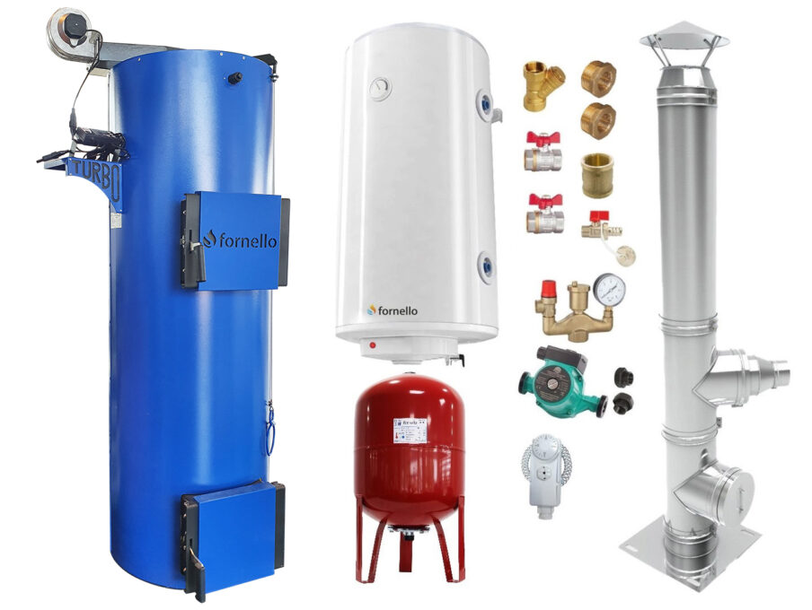 Pachet Cazan (centrala) pe combustibil solid tip lumanare Fornello Turbo 35 kW, Cos Inox, Boiler, Vas Expansiune, Pompa, Fitinguri Montaj 1 Pachet Cazan (centrala) pe combustibil solid tip lumanare Fornello Turbo 35 kW, Cos Inox, Boiler, Vas Expansiune, Pompa, Fitinguri Montaj