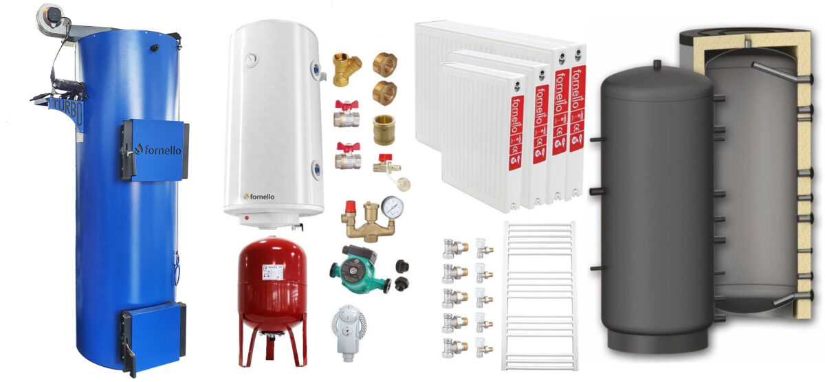 Pachet Cazan (centrala) pe combustibil solid tip lumanare Fornello Turbo 50 kW, Puffer 800 litri, Radiatoare Otel, Boiler, Vas Expansiune, Pompa, Fitinguri Montaj 1 Pachet Cazan (centrala) pe combustibil solid tip lumanare Fornello Turbo 50 kW, Puffer 800 litri, Radiatoare Otel, Boiler, Vas Expansiune, Pompa, Fitinguri Montaj