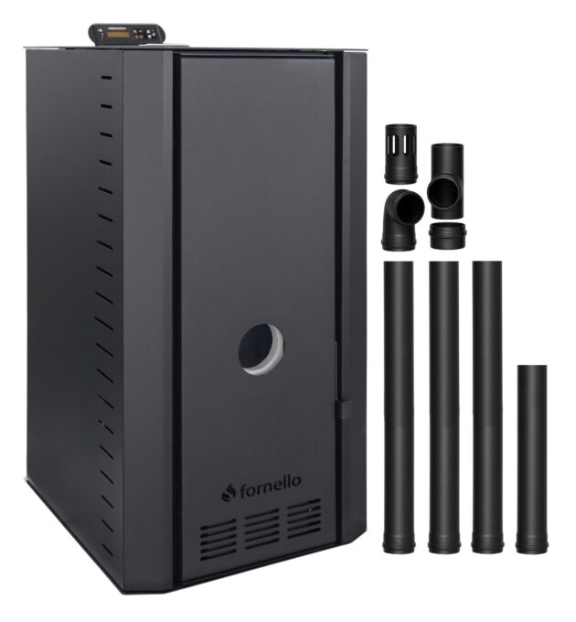 Pachet cazan pe peleti Fornello SERENA B, 25 kw, complet echipat cu pompa de circulatie, vas de expansiune, supapa siguranta, telecomanda, culoare Black, arzator fonta, kit evacuare 3.5 ml, pentru suprafete pana la 150 mp