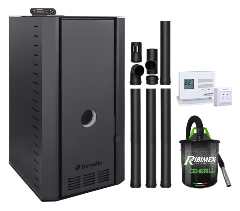 Pachet cazan pe peleti Fornello SERENA B, 25 kw, complet echipat cu pompa, vas expansiune, supapa siguranta, telecomanda, culoare Black, arzator fonta, termostat, aspirator, kit evacuare 3.5 ml, pana la 150 mp