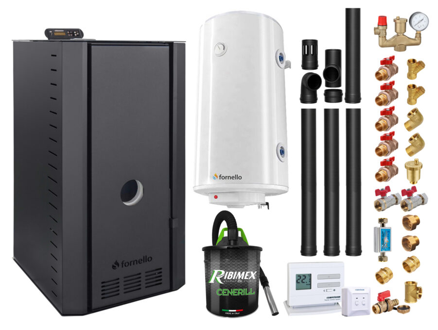 Pachet cazan pe peleti Fornello SERENA B, 25 kw, complet echipat cu pompa, vas expansiune, supapa siguranta, telecomanda, arzator fonta, boiler, termostat, aspirator, fitinguri, kit evacuare 3.5 ml, pana la 150 mp