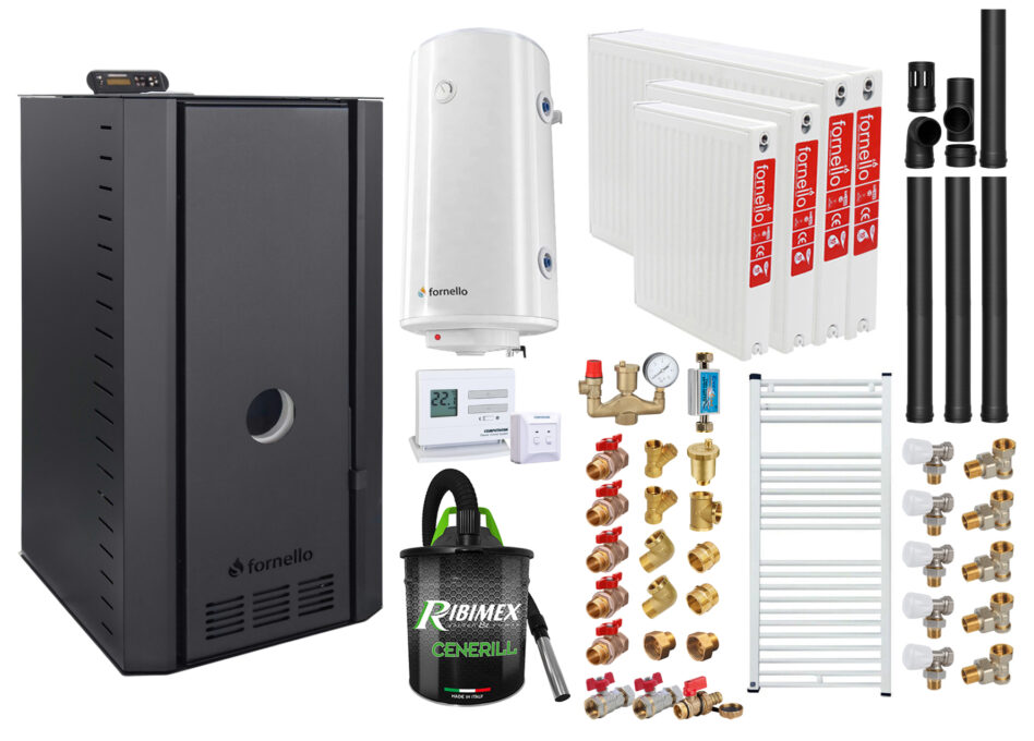 Pachet cazan pe peleti Fornello SERENA B, 25 kw, complet echipat cu pompa, vas expansiune, supapa siguranta, telecomanda, arzator fonta, radiatoare otel, boiler, termostat, aspirator, fitinguri, kit evacuare 3.5 ml, pana la 150 mp