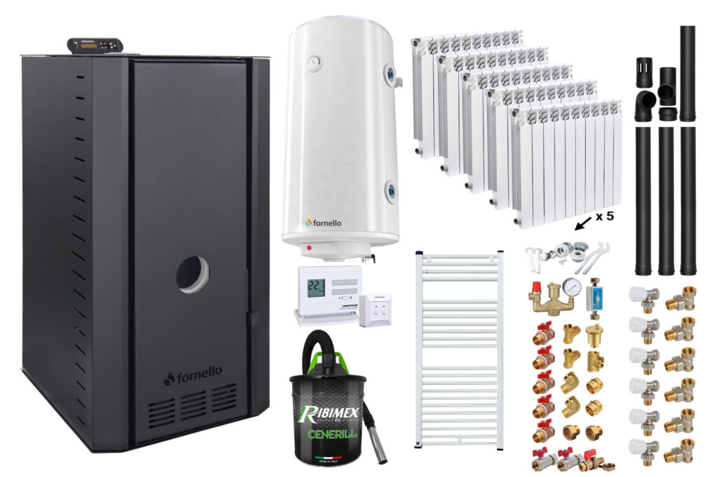 Pachet cazan pe peleti Fornello SERENA B, 25 kw, complet echipat cu pompa, vas expansiune, supapa siguranta, telecomanda, arzator fonta, calorifere aluminiu, boiler, termostat, aspirator, fitinguri, kit evacuare 3.5 ml, pana la 150 mp