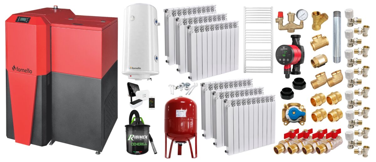 Pachet Centrala mixta Lemn/Pelet Fornello Tera 28 kW, calorifere aluminiu, boiler, termostat, aspirator, pompa, vas expansiune, fitinguri, aprindere automanta la peleti, buncar peleti 95 kg, creuzet fonta, curatarea facila, pentru 180 mp 1 Pachet Centrala mixta Lemn/Pelet Fornello Tera 28 kW, calorifere aluminiu, boiler, termostat, aspirator, pompa, vas expansiune, fitinguri, aprindere automanta la peleti, buncar peleti 95 kg, creuzet fonta, curatarea facila, pentru 180 mp