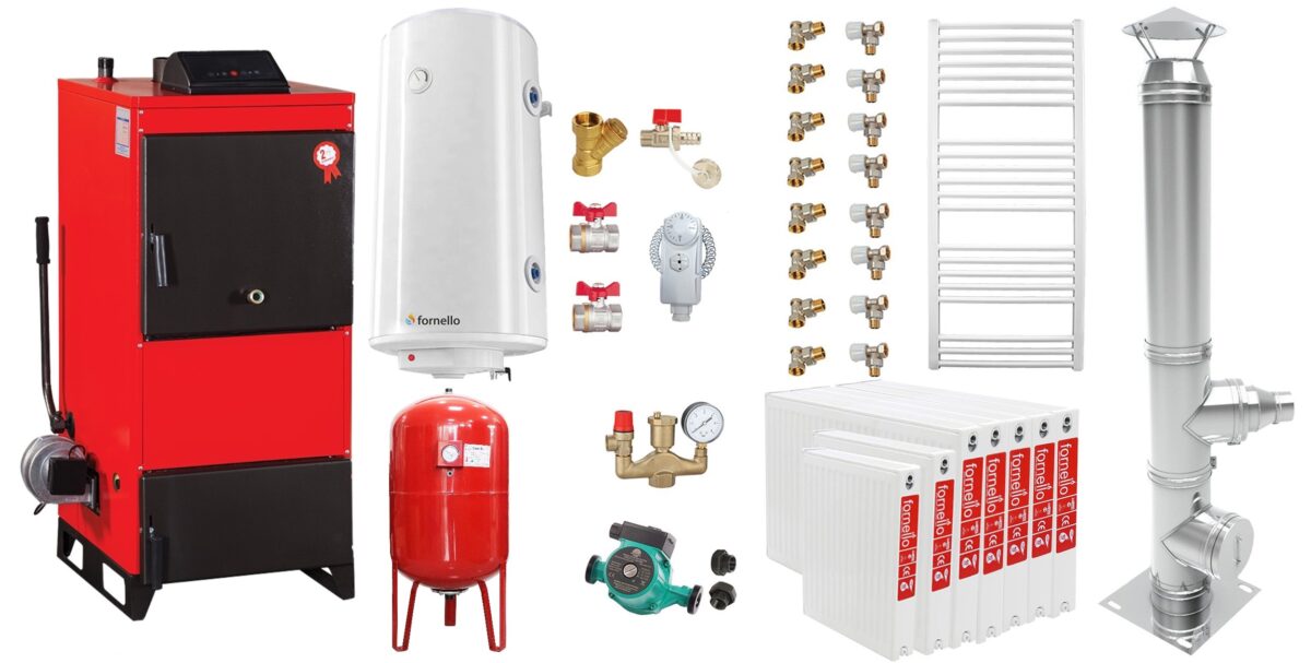 Pachet Centrala pe combustibil solid Fiama D2-40 Putere 46 kW, cu Ventilator si Automatizare, Cos inox, Radiatoare Otel, Boiler Termoelectric, Pompa, Vas Expansiune si Fitinguri 1 Pachet Centrala pe combustibil solid Fiama D2-40 Putere 46 kW, cu Ventilator si Automatizare, Cos inox, Radiatoare Otel, Boiler Termoelectric, Pompa, Vas Expansiune si Fitinguri