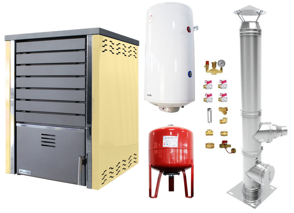 Pachet Centrala pe lemne FORNELLO SAUNA CREAM 30 kw echipata cu pompa de circulare, cos inox, boiler termoelectric 100l, vas expansiune si kit montaj 1 Pachet Centrala pe lemne FORNELLO SAUNA CREAM 30 kw echipata cu pompa de circulare, cos inox, boiler termoelectric 100l, vas expansiune si kit montaj