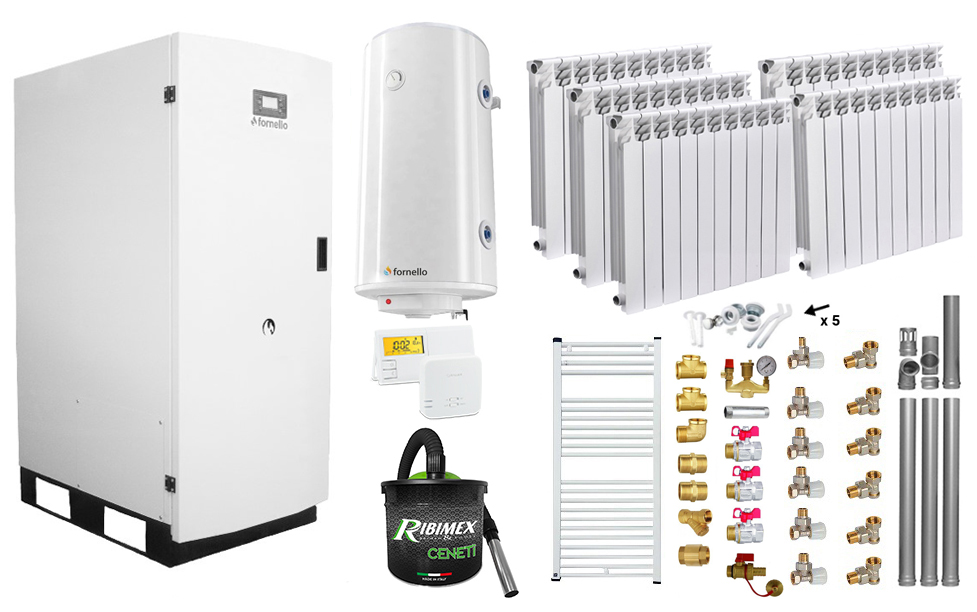 Pachet Centrala termica pe peleti Fornello GT 35 Standard, 35 KW, pompa circulatie, vas expansiune, calorifere aluminiu Fornello Alvo, boiler, kit evacuare, termostat, aspiratior, manometru, fitinguri, curatare mecanica arzator si schimbator, A+ 1 Pachet Centrala termica pe peleti Fornello GT 35 Standard, 35 KW, pompa circulatie, vas expansiune, calorifere aluminiu Fornello Alvo, boiler, kit evacuare, termostat, aspiratior, manometru, fitinguri, curatare mecanica arzator si schimbator, A+