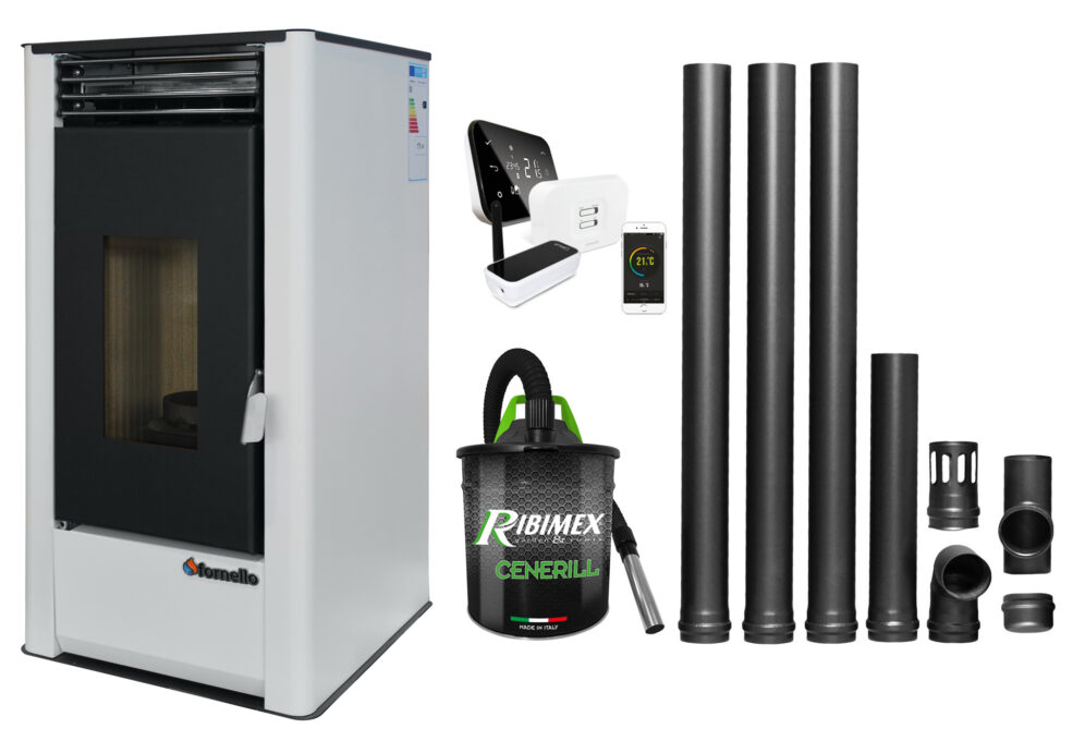 Pachet complet pentru incalzire cu control de la distanta format din Semineu (Soba) pe Peleti cu aer cald Fornello Air SmartPell 11 KW, culoare White, termostat ambiental Salus IT 500, aspirator de cenusa si kit de evacuare 3,5 metri 1 Pachet complet pentru incalzire cu control de la distanta format din Semineu (Soba) pe Peleti cu aer cald Fornello Air SmartPell 11 KW, culoare White, termostat ambiental Salus IT 500, aspirator de cenusa si kit de evacuare 3,5 metri