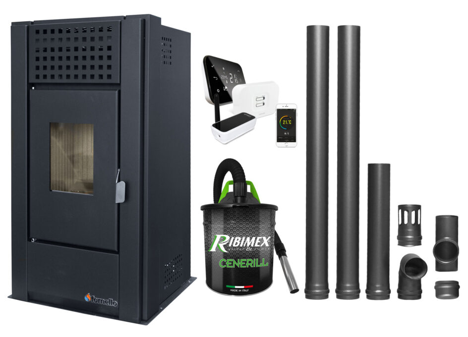 Pachet complet pentru incalzire cu control de la distanta format din Semineu (Soba) pe Peleti cu aer cald Magnesia 9 KW, culoare Black, termostat ambiental Salus IT 500, aspirator de cenusa si kit de evacuare 2,5 metri 1 Pachet complet pentru incalzire cu control de la distanta format din Semineu (Soba) pe Peleti cu aer cald Magnesia 9 KW, culoare Black, termostat ambiental Salus IT 500, aspirator de cenusa si kit de evacuare 2,5 metri