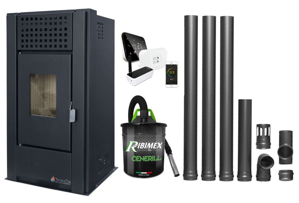 Pachet complet pentru incalzire cu control de la distanta format din Semineu (Soba) pe Peleti cu aer cald Magnesia 9 KW, culoare Black, termostat ambiental Salus IT 500, aspirator de cenusa si kit de evacuare 3,5 metri 1 Pachet complet pentru incalzire cu control de la distanta format din Semineu (Soba) pe Peleti cu aer cald Magnesia 9 KW, culoare Black, termostat ambiental Salus IT 500, aspirator de cenusa si kit de evacuare 3,5 metri