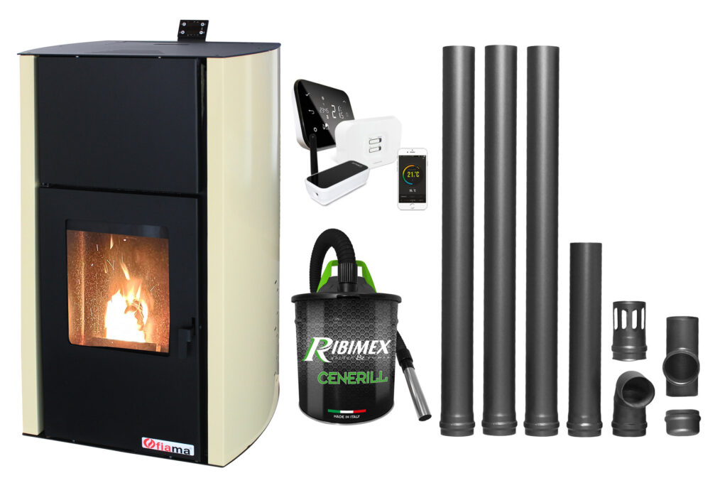Pachet control de la distanta Termosemineu pe peleti Fornello Fiama Confort 30 kW, cu pompa, vas expansiune, automatizare, termostat, aspirator, kit evacuare 3.5 ml, buncar 35 kg, tiraj fortat, culoare crem, pana la 200 mp