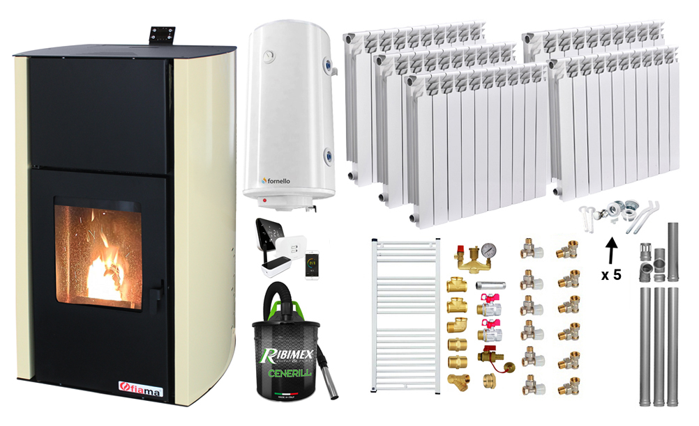 Pachet Control de la distanta Termosemineu pe peleti Fornello Fiama Confort 30 kW, pompa, vas expansiune, automatizare, calorifere aluminiu Fornello Alvo, boiler, termostat, aspirator, kit evacuare, fitinguri, culoare crem