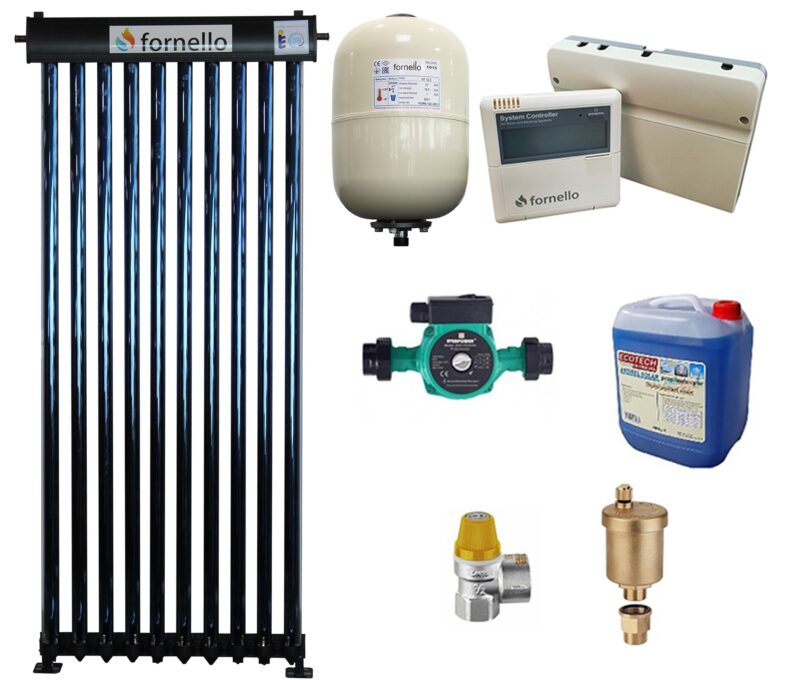 Pachet Economic Sistem solar presurizat, panou Fornello 10 Tuburi Heat Pipe pompa 25-60, controller, vas expansiune, antigel, supapa 1/2, aerisitor 1/2