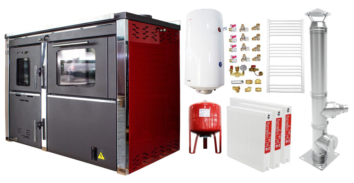 Pachet incalzire si apa calda 2 camere Termosemineu FORNELLO STAR Red 34 kw pe combustibil solid prevazut cu plita si cuptor pentru gatit, echipat cu pompa de circulare, cos inox, boiler termoelectric 100l, vas expansiune, kit montaj si calorifere 1 Pachet incalzire si apa calda 2 camere Termosemineu FORNELLO STAR Red 34 kw pe combustibil solid prevazut cu plita si cuptor pentru gatit, echipat cu pompa de circulare, cos inox, boiler termoelectric 100l, vas expansiune, kit montaj si calorifere