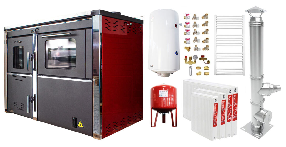 Pachet incalzire si apa calda 3 camere Termosemineu FORNELLO STAR Red 34 kw pe combustibil solid prevazut cu plita si cuptor pentru gatit, echipat cu pompa de circulare, cos inox, boiler termoelectric 100l, vas expansiune, kit montaj si calorifere 1 Pachet incalzire si apa calda 3 camere Termosemineu FORNELLO STAR Red 34 kw pe combustibil solid prevazut cu plita si cuptor pentru gatit, echipat cu pompa de circulare, cos inox, boiler termoelectric 100l, vas expansiune, kit montaj si calorifere