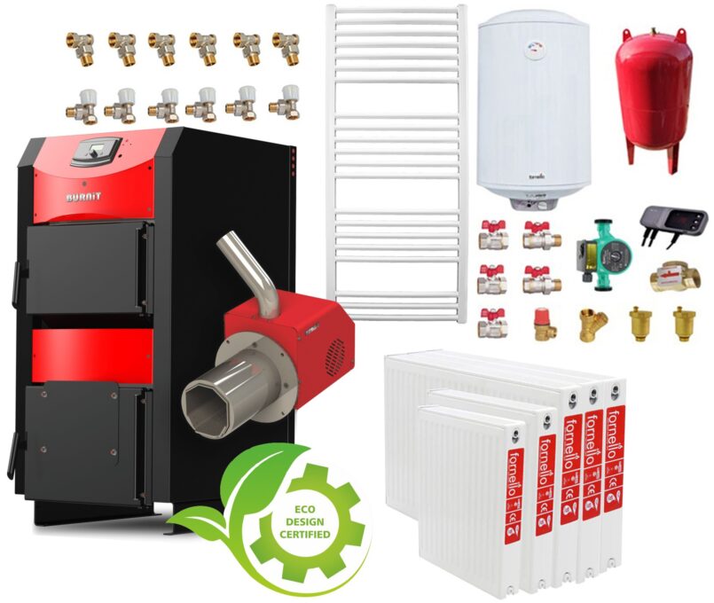 Pachet incalzire si apa calda 4 camere Centrala mixta combustibil solid si peleti Burnit NWB PRIME 30 kW si Arzator pe peleti Pell Eco 35 kW, calorifere, ventilator, automatizare, serpentina racire, flansa arzator, pompa circulatie 25-60, vas expansi 1 Pachet incalzire si apa calda 4 camere Centrala mixta combustibil solid si peleti Burnit NWB PRIME 30 kW si Arzator pe peleti Pell Eco 35 kW, calorifere, ventilator, automatizare, serpentina racire, flansa arzator, pompa circulatie 25-60, vas expansi