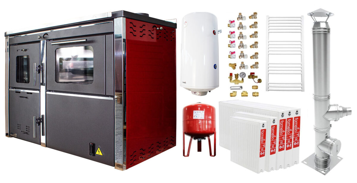 Pachet incalzire si apa calda 4 camere Termosemineu FORNELLO STAR Red 34 kw pe combustibil solid prevazut cu plita si cuptor pentru gatit, echipat cu pompa de circulare, cos inox, boiler termoelectric 100l, vas expansiune, kit montaj si calorifere 1 Pachet incalzire si apa calda 4 camere Termosemineu FORNELLO STAR Red 34 kw pe combustibil solid prevazut cu plita si cuptor pentru gatit, echipat cu pompa de circulare, cos inox, boiler termoelectric 100l, vas expansiune, kit montaj si calorifere