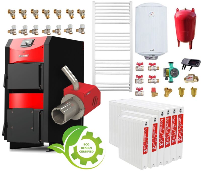 Pachet incalzire si apa calda 5 camere Centrala mixta combustibil solid si peleti Burnit NWB PRIME 40 kW si Arzator pe peleti Pell Eco 35 kW, ventilator si automatizare, serpentina racire, flansa arzator, calorifere, pompa circulatie 25-60, vas expan 1 Pachet incalzire si apa calda 5 camere Centrala mixta combustibil solid si peleti Burnit NWB PRIME 40 kW si Arzator pe peleti Pell Eco 35 kW, ventilator si automatizare, serpentina racire, flansa arzator, calorifere, pompa circulatie 25-60, vas expan