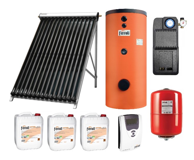 Pachet Panou Solar Ferroli ECOTUBE NEW 20 TUBURI vidate heatpipe, Boiler cu 2 serpentine 150 litri, grup circulatie fortata IDRO 12S EASY, Panou comanda ECOTRONIC PRO, Vas Expansiune si Antigel Solar