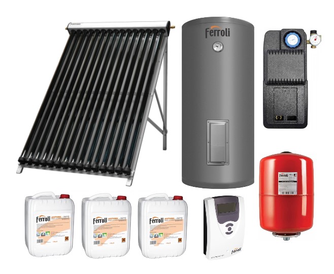 Pachet Panou Solar Ferroli ECOTUBE NEW 25 TUBURI vidate heatpipe, Boiler cu 2 serpentine 200 litri, grup circulatie fortata IDRO 12S EASY, Panou comanda ECOTRONIC PRO, Vas Expansiune si Antigel Solar