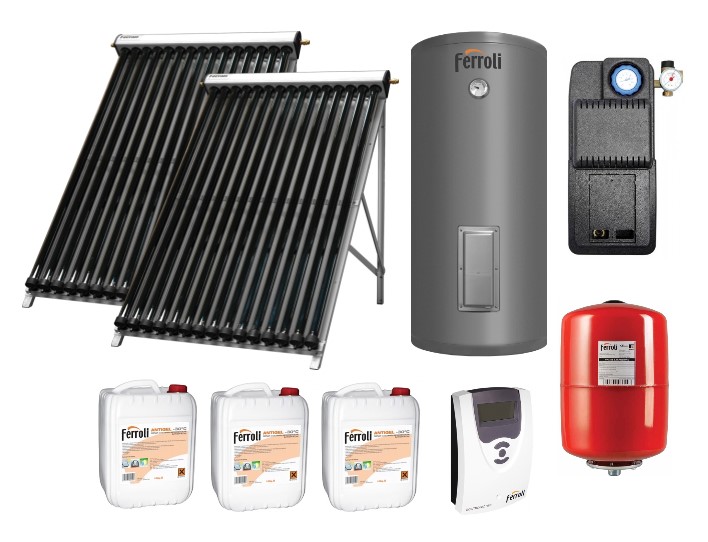 Pachet Panou Solar Ferroli ECOTUBE NEW 2x20 TUBURI vidate heatpipe, Boiler cu 2 serpentine 300 litri, grup circulatie fortata IDRO 12S EASY, Panou comanda ECOTRONIC PRO, Vas Expansiune si Antigel Solar