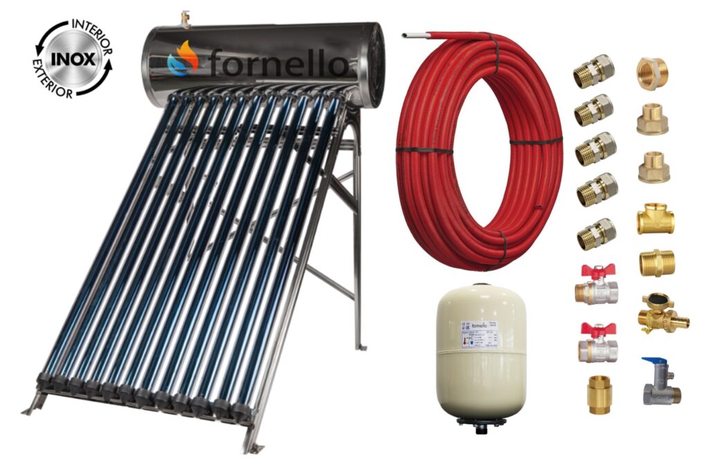 Pachet panou solar presurizat compact FORNELLO SPP-470-H58/1800-12-c cu 12 tuburi vidate de tip heat pipe si boiler din inox de 109 litri, Teava, Vas Expansiune si Fitinguri montaj