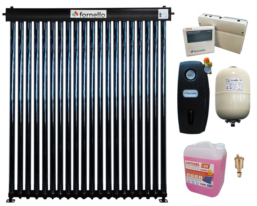 Pachet Panou solar presurizat cu tuburi vidate Heat Pipe Fornello 20 tuburi, destinat producerii de apa calda menajera, controller, vas expansiune, grup pompare, aerisitor 1/2, antigel