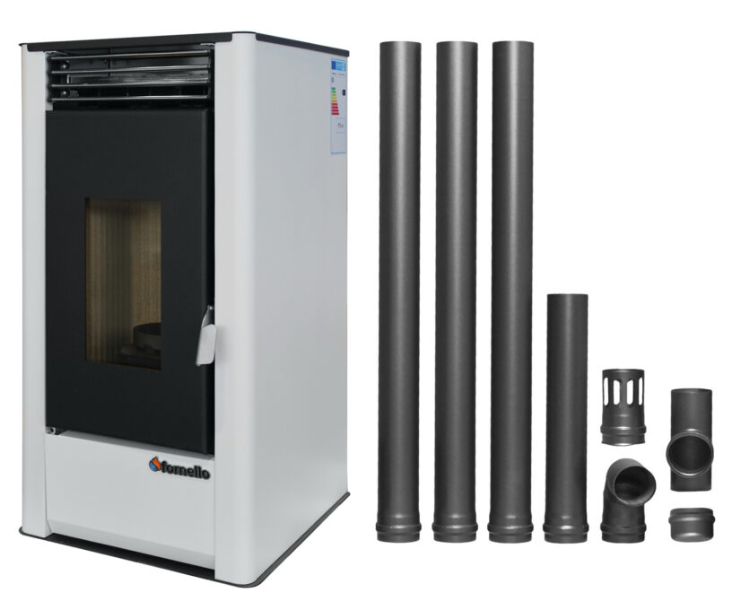 Pachet pentru incalzire Semineu (Soba) pe Peleti cu aer cald Fornello Air SmartPell 11 KW, culoare White si kit evacuare 3,5 metri 1 Pachet pentru incalzire Semineu (Soba) pe Peleti cu aer cald Fornello Air SmartPell 11 KW, culoare White si kit evacuare 3,5 metri