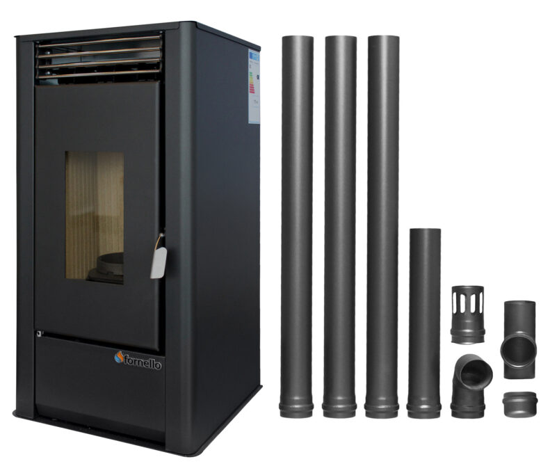 Pachet pentru incalzire Semineu (Soba) pe Peleti cu aer cald Fornello Air SmartPell 11 KW, culoare Black si kit evacuare 3,5 metri 1 Pachet pentru incalzire Semineu (Soba) pe Peleti cu aer cald Fornello Air SmartPell 11 KW, culoare Black si kit evacuare 3,5 metri