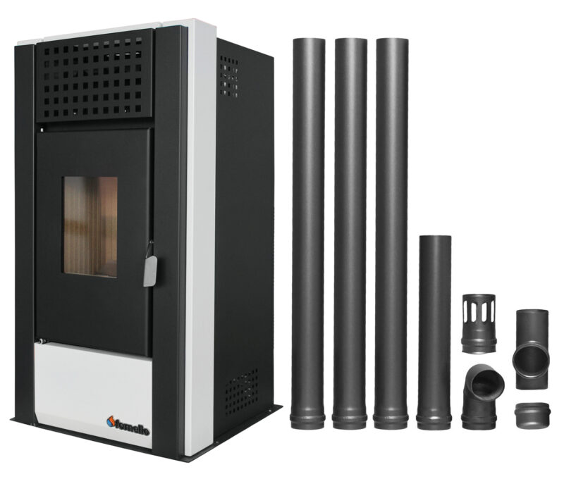 Pachet pentru incalzire Semineu (Soba) pe Peleti cu aer cald Fornello Magnesia 9 KW, culoare White si kit evacuare 3,5 metri 1 Pachet pentru incalzire Semineu (Soba) pe Peleti cu aer cald Fornello Magnesia 9 KW, culoare White si kit evacuare 3,5 metri