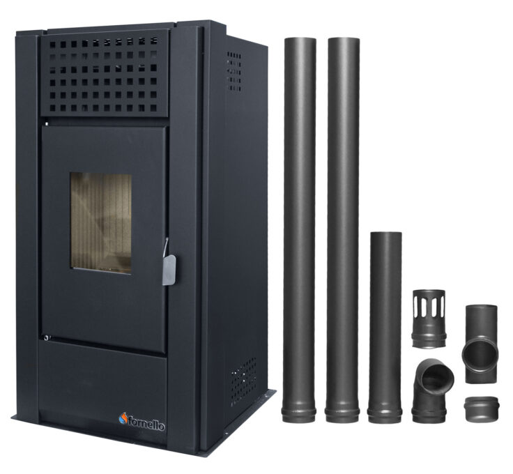 Pachet pentru incalzire Semineu (Soba) pe Peleti cu aer cald Fornello Magnesia 9 KW, culoare Black si kit evacuare 2,5 metri 1 Pachet pentru incalzire Semineu (Soba) pe Peleti cu aer cald Fornello Magnesia 9 KW, culoare Black si kit evacuare 2,5 metri