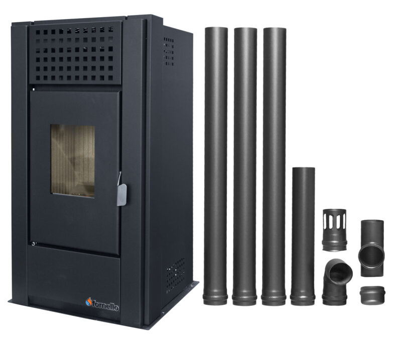 Pachet pentru incalzire Semineu (Soba) pe Peleti cu aer cald Fornello Magnesia 9 KW, culoare Black si kit evacuare 3,5 metri 1 Pachet pentru incalzire Semineu (Soba) pe Peleti cu aer cald Fornello Magnesia 9 KW, culoare Black si kit evacuare 3,5 metri