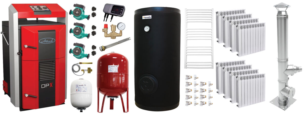 Pachet premium Cazan (centrala) pe combustibil solid, Attack DPX Standard cu gazeificare, 45 kW, calorifere aluminiu Fornello Alvo, cos inox, boiler de sol cu rezistenta, 2 x vas expansiune, 3 x pompe circulare, controller pompa, grup siguranta si va 1 Pachet premium Cazan (centrala) pe combustibil solid, Attack DPX Standard cu gazeificare, 45 kW, calorifere aluminiu Fornello Alvo, cos inox, boiler de sol cu rezistenta, 2 x vas expansiune, 3 x pompe circulare, controller pompa, grup siguranta si va