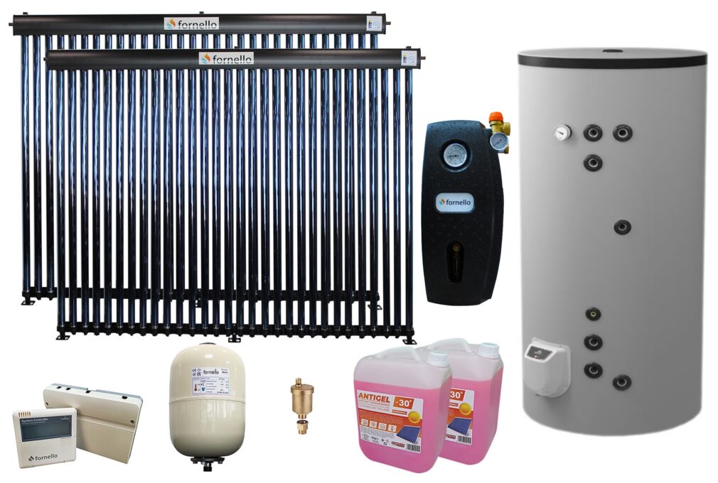Pachet premium sistem solar presurizat, Fornello 2 x 30 Tuburi Heat Pipe, Boiler cu 2 serpentine Eldom FV50080S21, 9000 W, 500 l, controller, vas expansiune, grup pompare, aerisitor 1/2, antigel