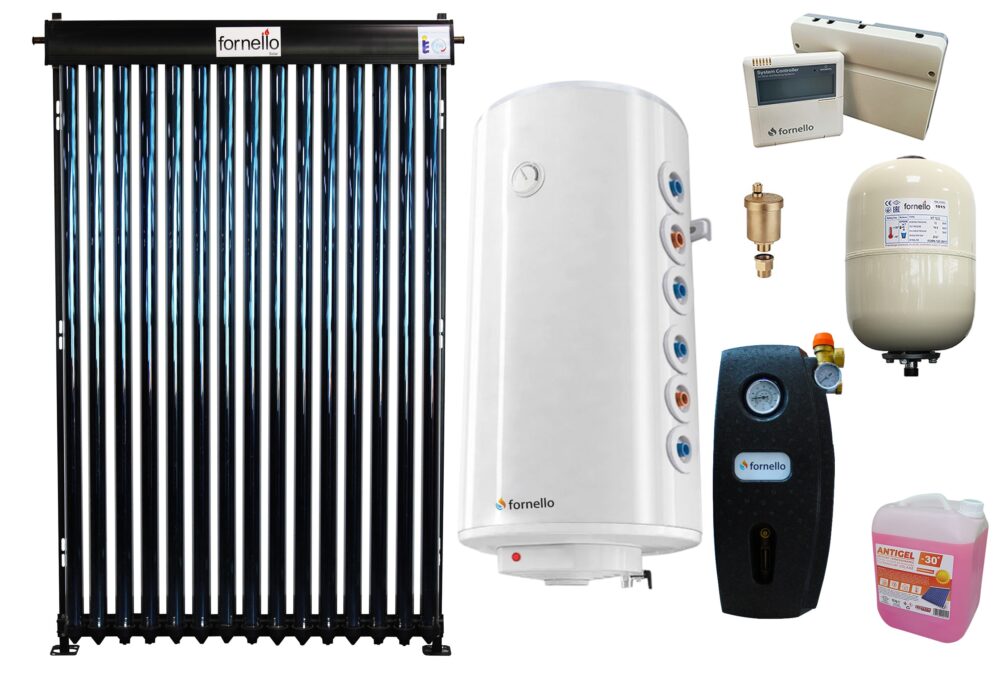 Pachet premium sistem solar presurizat, panou Fornello 15 Tuburi Heat Pipe, Boiler cu 2 serpentine Fornello Optima GCV7/4S 120, controller, vas expansiune, grup pompare, aerisitor 1/2, antigel