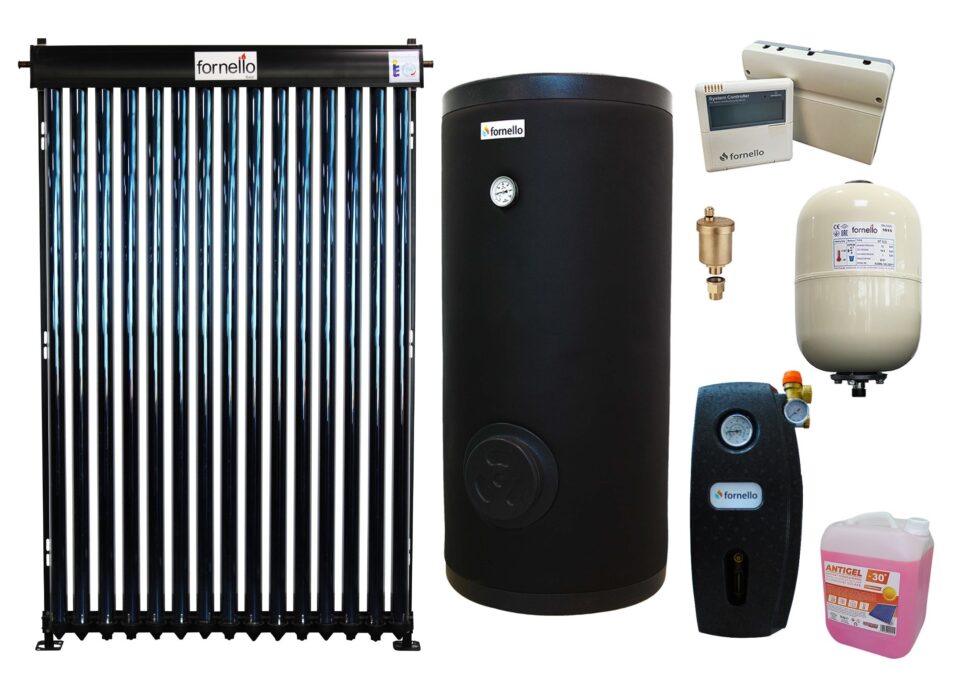 Pachet sistem solar presurizat, panou Fornello 15 Tuburi Heat Pipe, Grup pompare, Boiler cu 2 serpentine FORNELLO SOL 150 LT 2S, Controller, Vas expansiune, Aerisitor 1/2, Antigel