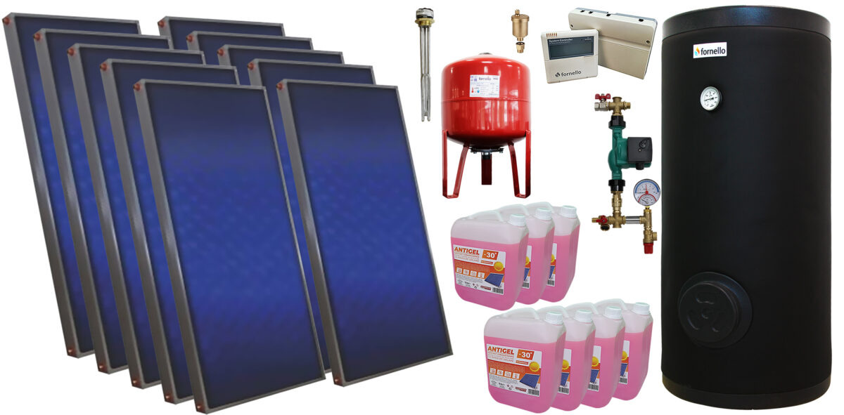 Pachet sistem solar presurizat, 10 panouri solare plane Sunsystem PК SL FP 2.0, Boiler cu 2 serpentine Fornello SOL 1000 LT 2S, controller, vas expansiune, grup pompare, aerisitor 1/2, antigel