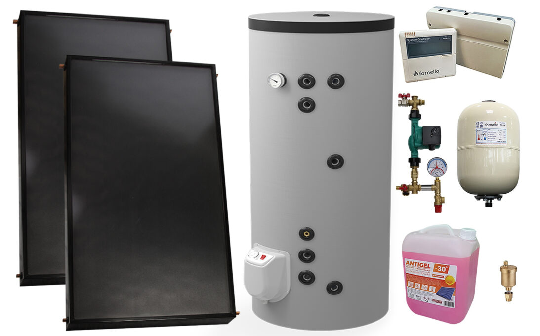 Pachet sistem solar presurizat, 2 x Panou solar plan Fornello 2.0 m² SPFP, Boiler cu 2 serpentine si rezistenta electrica  Eldom FV20060S21 de 200 l, grup pompare, controller, vas expansiune, antigel, aerisitor 1