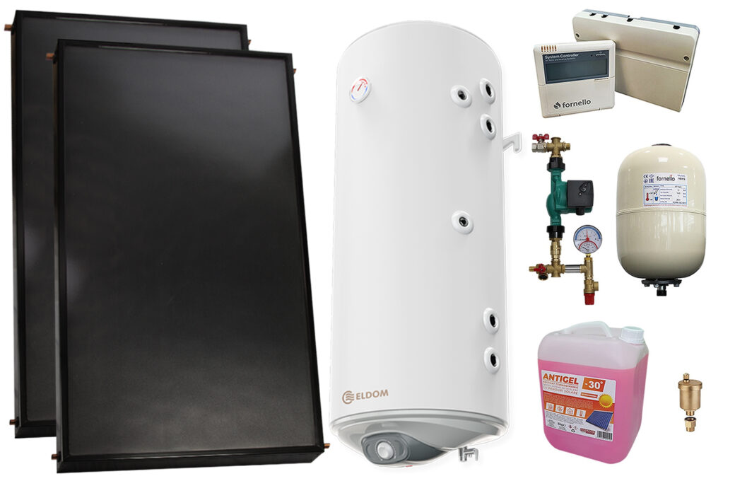 Pachet sistem solar presurizat, 2 x Panou solar plan Fornello 2.0 m² SPFP, Boiler cu 2 serpentine si rezistenta electrica Eldom WV15046S21R 150 l, grup pompare, controller, vas expansiune, antigel, aerisitor