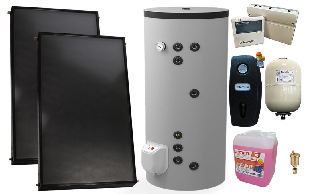 PPachet premium sistem solar presurizat, 2 x Panou solar plan Fornello 2.0 m² SPFP, Boiler cu 2 serpentine si rezistenta electrica  Eldom FV20060S21 de 200 l, grup pompare, controller, vas expansiune, antigel, aerisitor 1/2